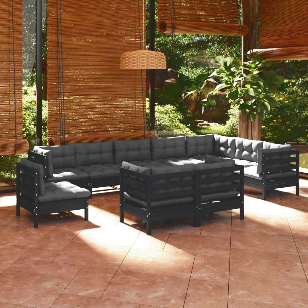 Vetonek Muebles de jardín 10 pzas y cojines negro madera maciza de pino