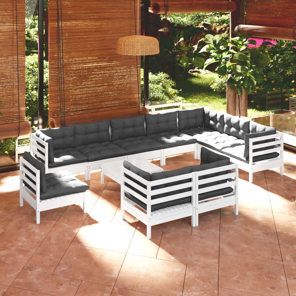 Vetonek Muebles de jardín 11 pzas y cojines blanco madera maciza pino