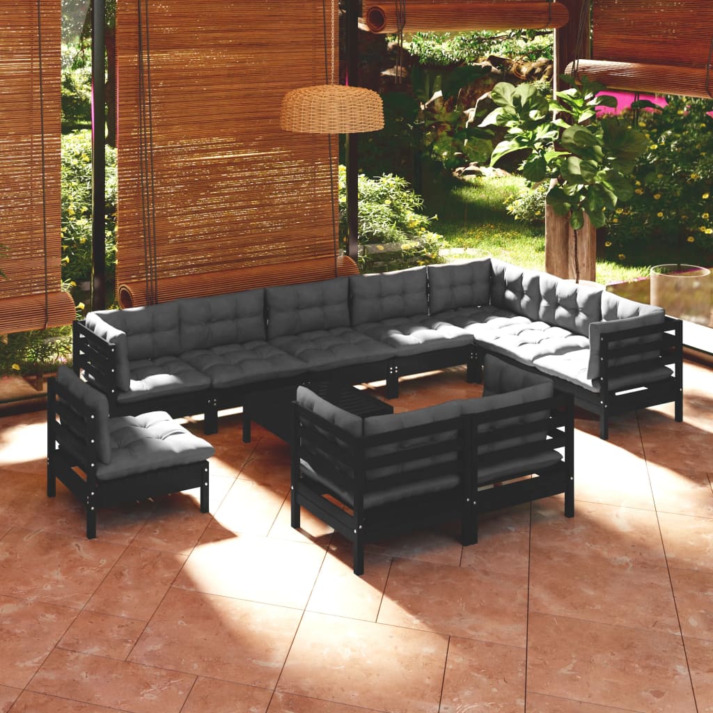 Vetonek Muebles de jardín 11 pzas con cojines negro madera maciza pino