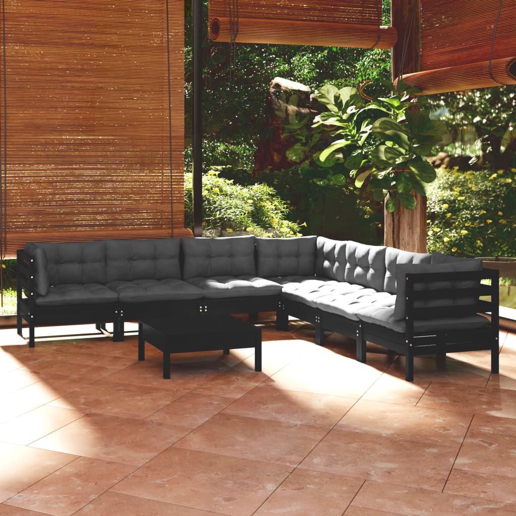 Vetonek Muebles de jardín 8 pzas con cojines negro madera maciza pino