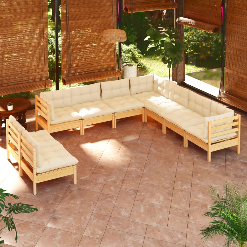 Vetonek Muebles de jardín 9 pzas y cojines madera maciza de pino crema