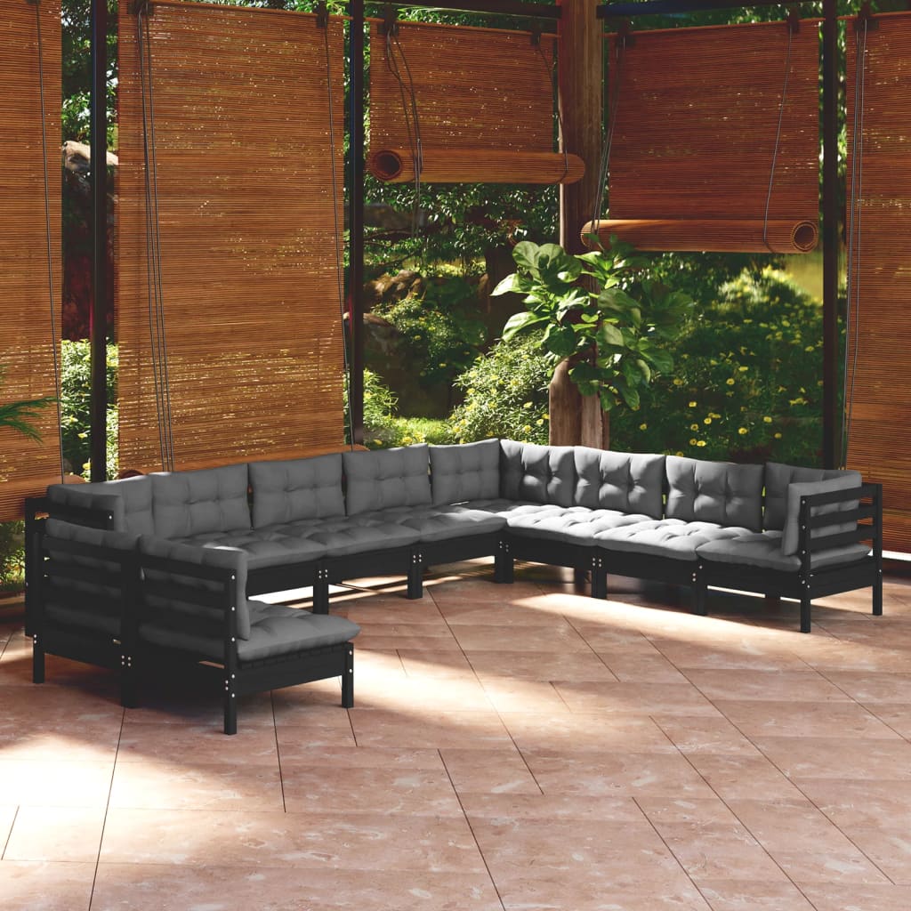 Vetonek Muebles de jardín 10 pzas y cojines negro madera maciza de pino