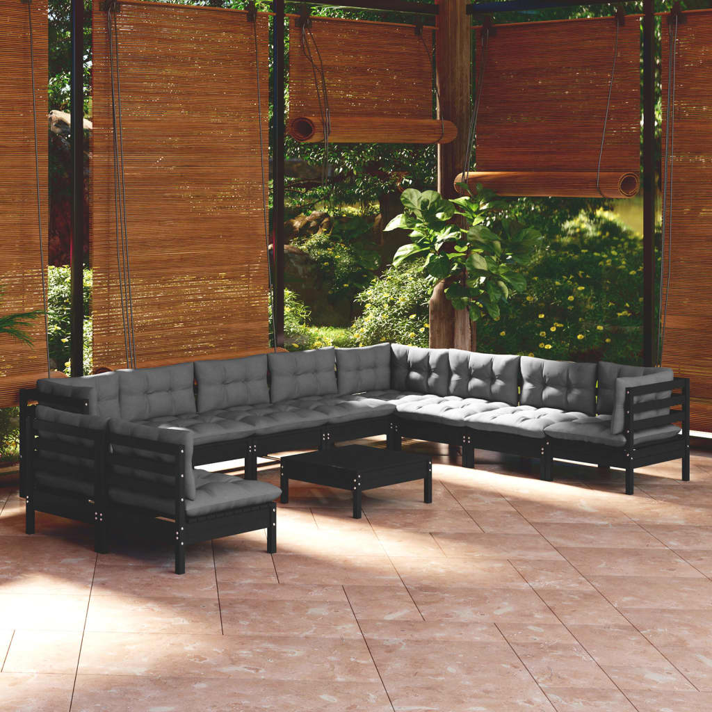 Vetonek Muebles de jardín 11 pzas con cojines negro madera maciza pino