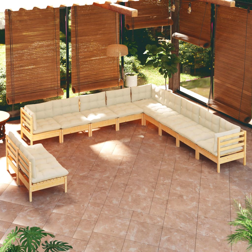 Vetonek Muebles de jardín 11 pzas y cojines madera maciza de pino crema