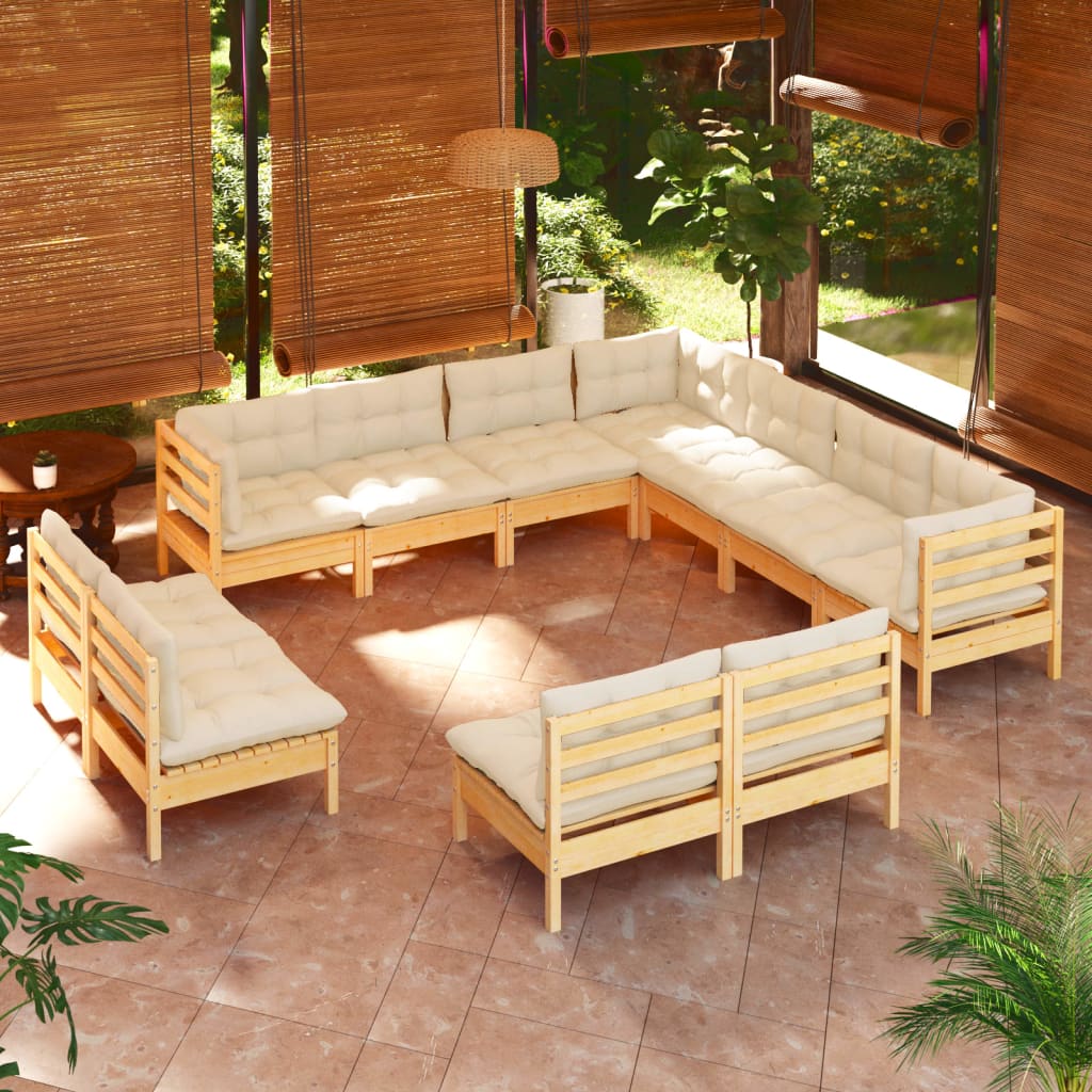 Vetonek Muebles de jardín 11 pzas y cojines madera maciza de pino crema