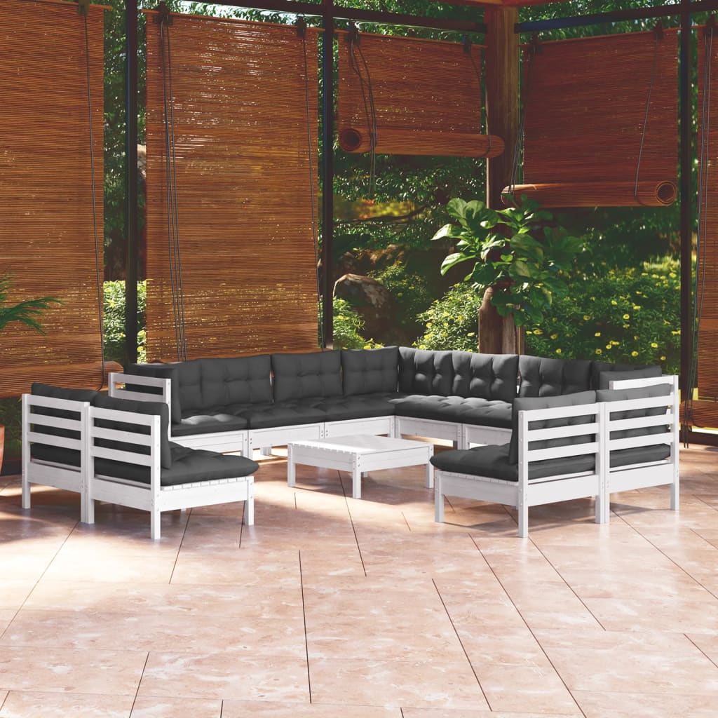 Vetonek Muebles de jardín 12 pzas con cojines blanco madera maciza pino