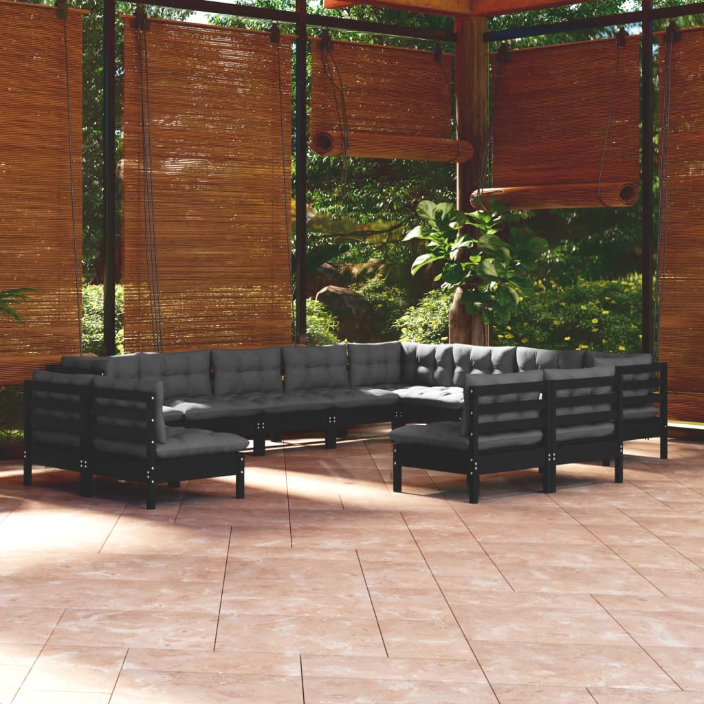 Vetonek Muebles de jardín 12 pzas y cojines negro madera maciza de pino