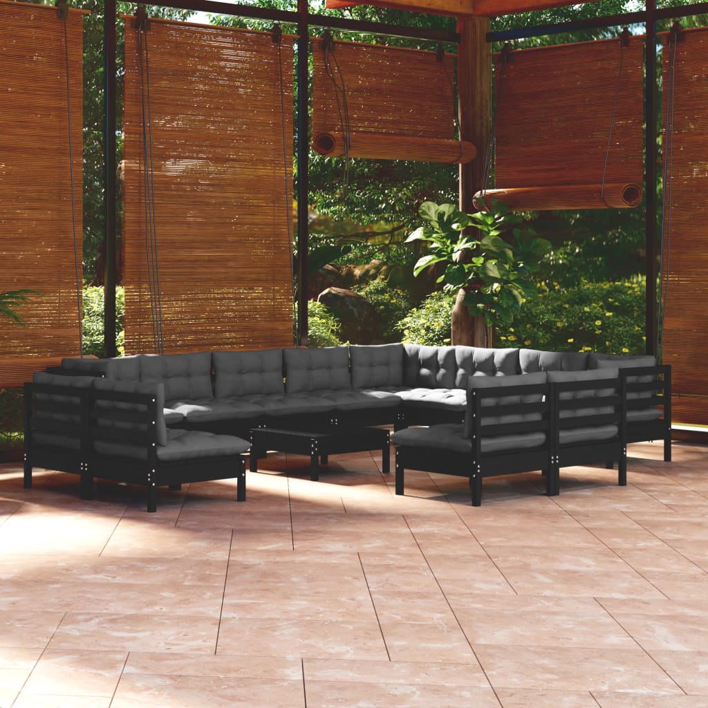 Vetonek Muebles de jardín 13 pzas con cojines negro madera maciza pino