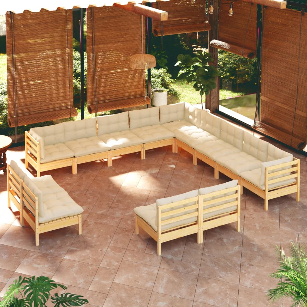 Vetonek Muebles de jardín 13 pzas y cojines madera maciza de pino crema