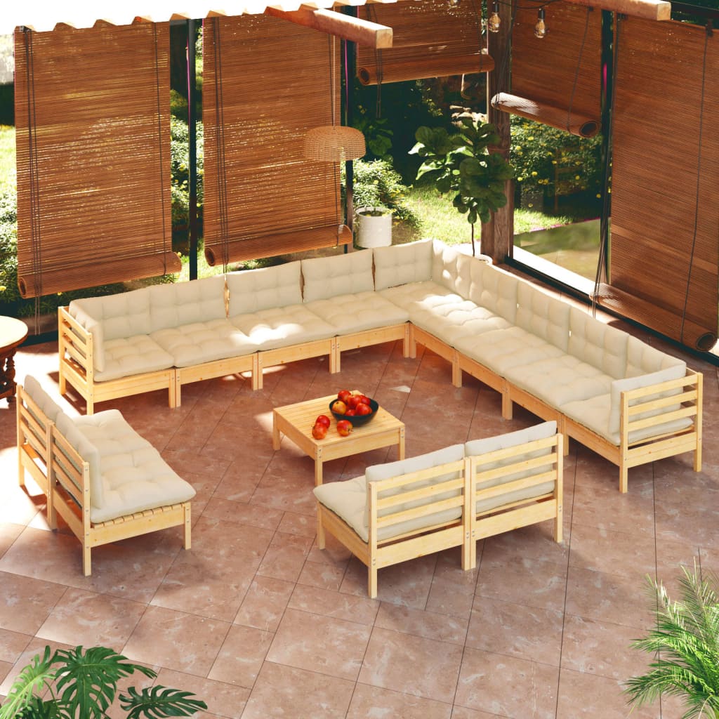 Vetonek Muebles de jardín 14 piezas cojines madera maciza de pino crema