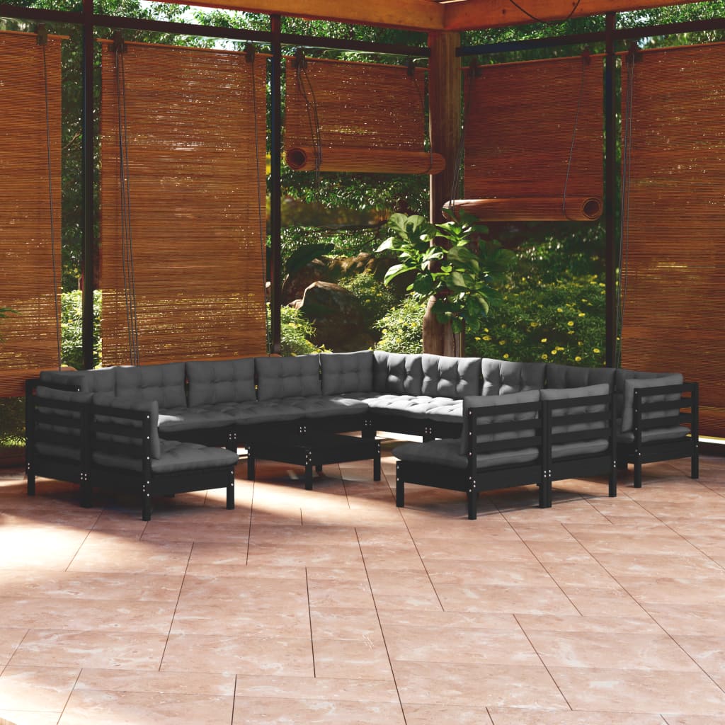 Vetonek Muebles de jardín 14 pzas con cojines negro madera maciza pino