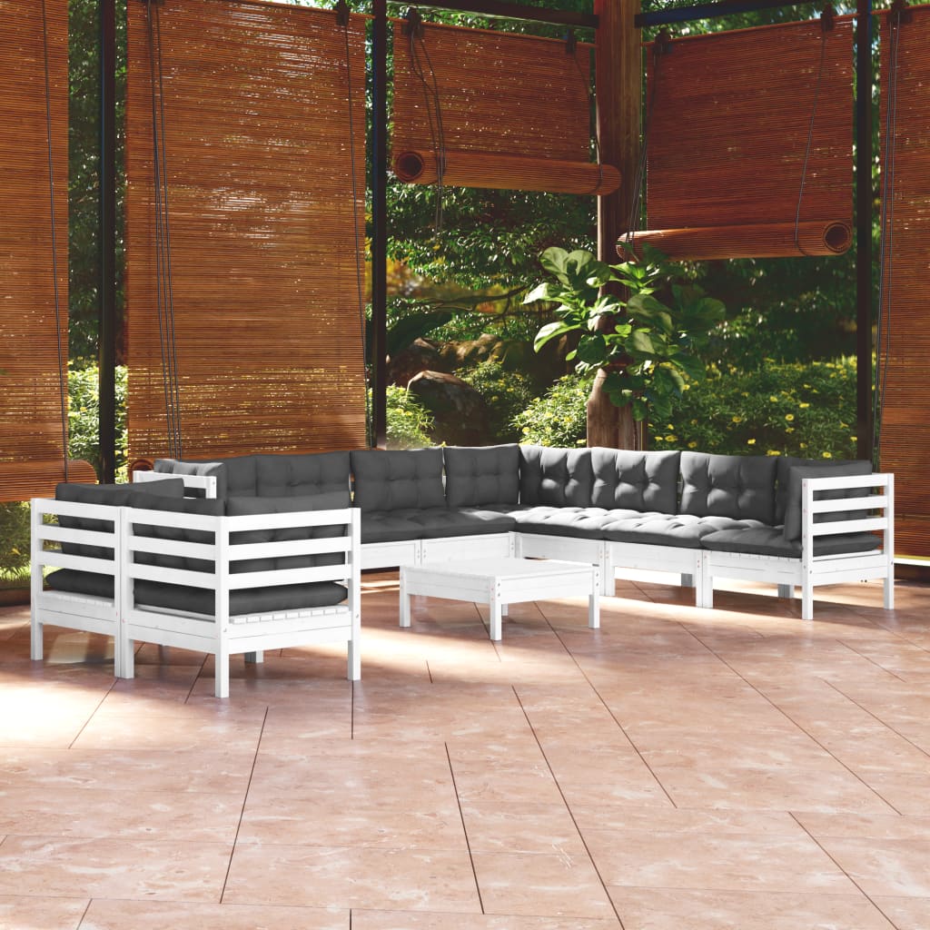 Vetonek Muebles de jardín 10 pzas con cojines blanco madera maciza pino