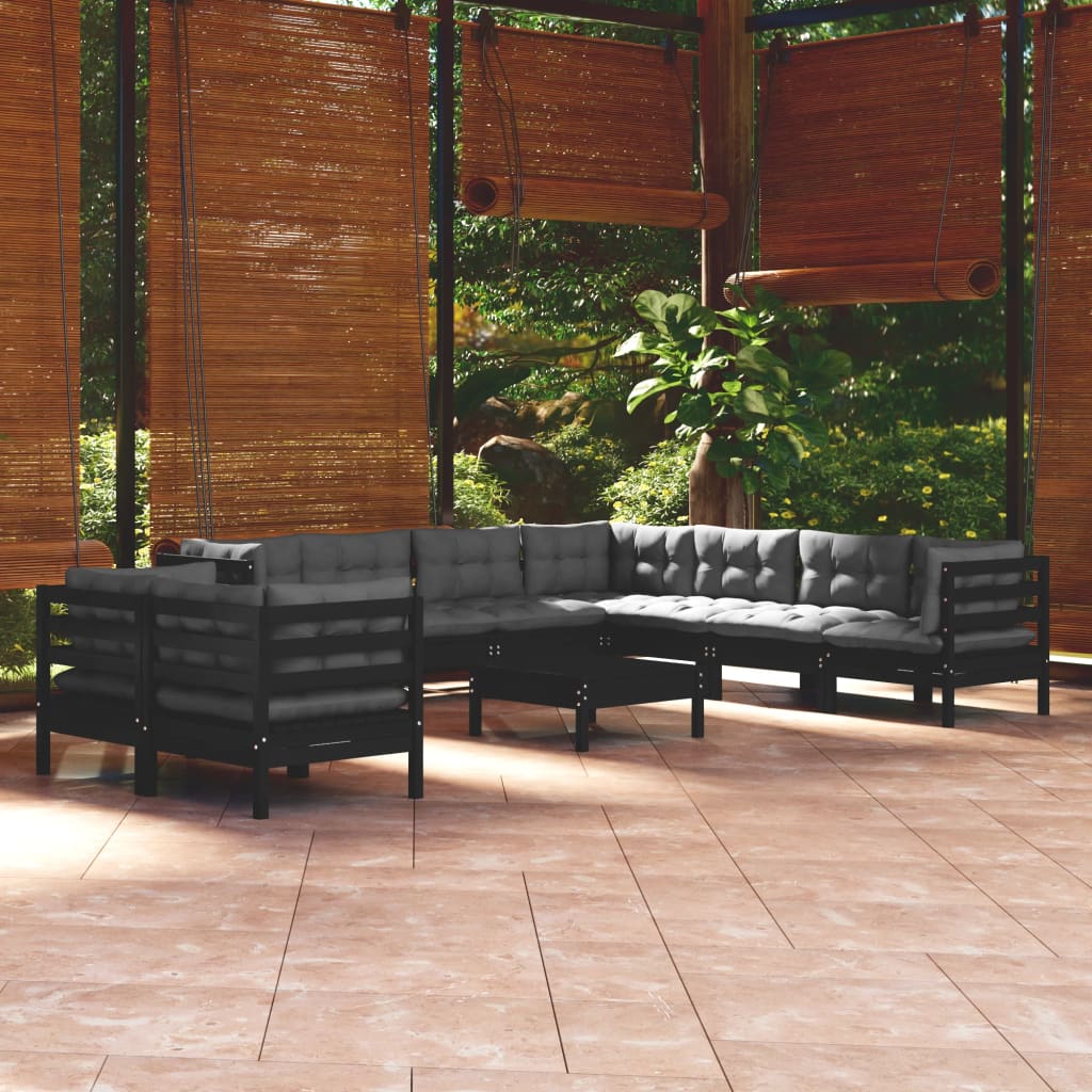 Vetonek Muebles de jardín 10 pzas con cojines negro madera maciza pino