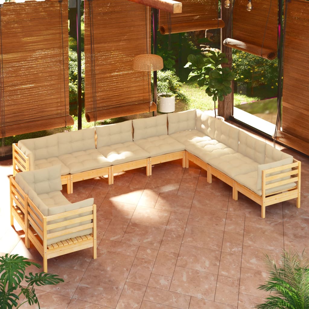 Vetonek Muebles de jardín 10 pzas y cojines madera maciza de pino crema