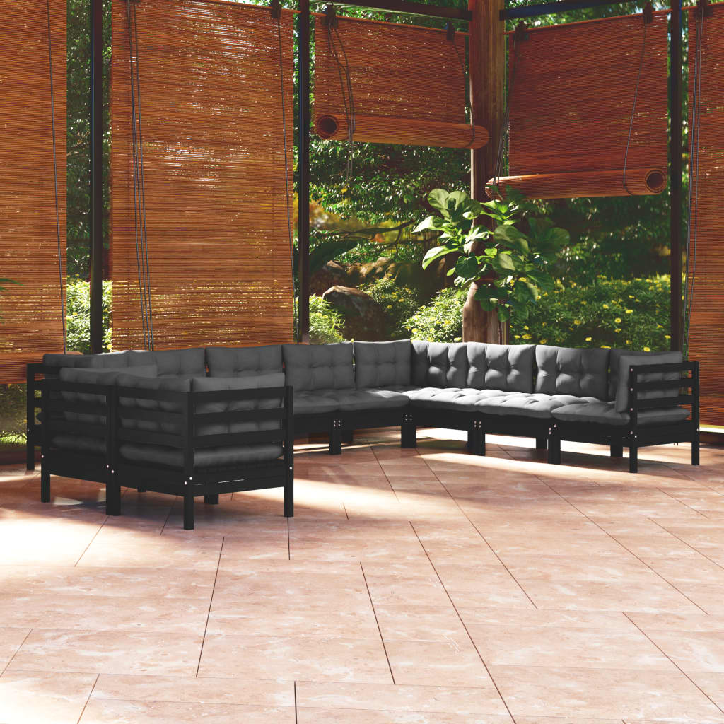 Vetonek Muebles de jardín 10 pzas y cojines negro madera maciza de pino