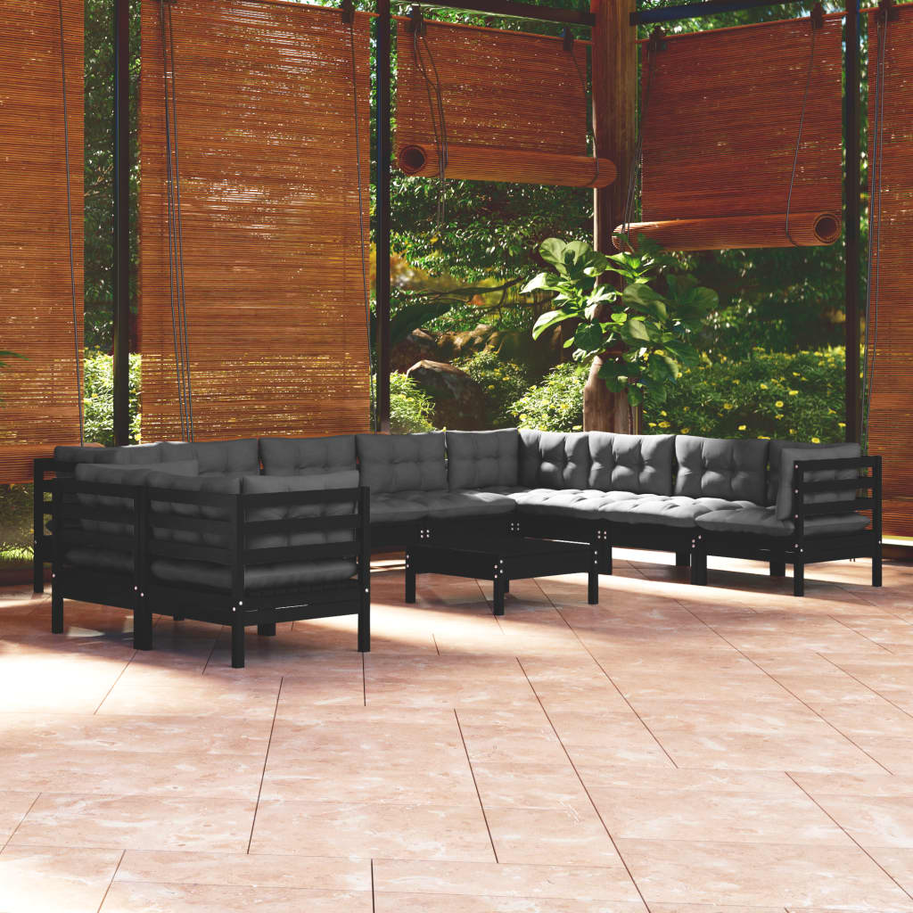 Vetonek Muebles de jardín 11 pzas con cojines negro madera maciza pino