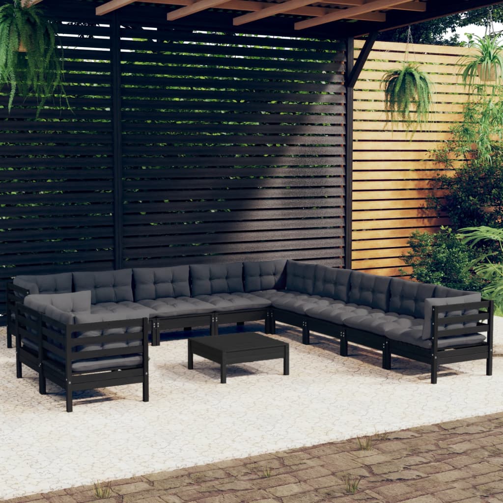 Vetonek Muebles de jardín 12 pzas y cojines negro madera maciza de pino