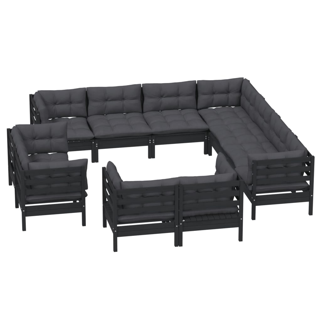 Garden furniture 11 pcs and cushions black solid wood of pine