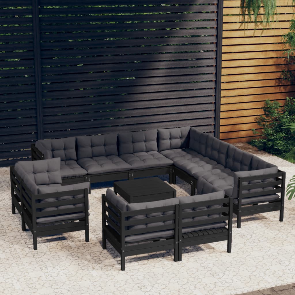 Vetonek Muebles de jardín 12 pzas con cojines negro madera maciza pino