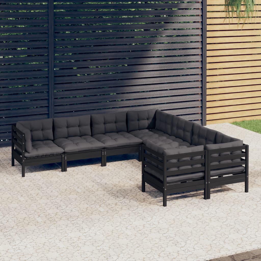 Vetonek Muebles de jardín 8 pzas y cojines negro madera maciza de pino