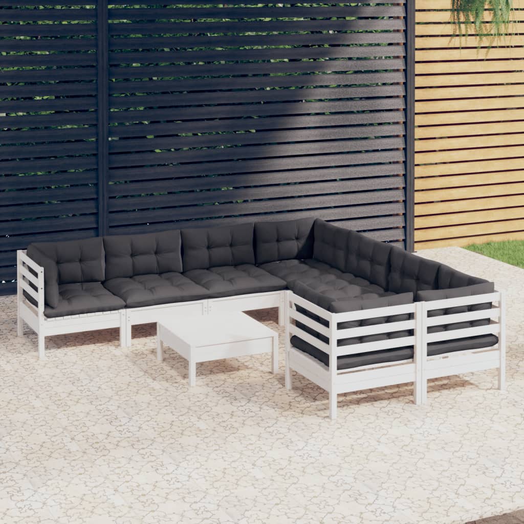 Vetonek Muebles de jardín 9 pzas y cojines blanco madera de pino