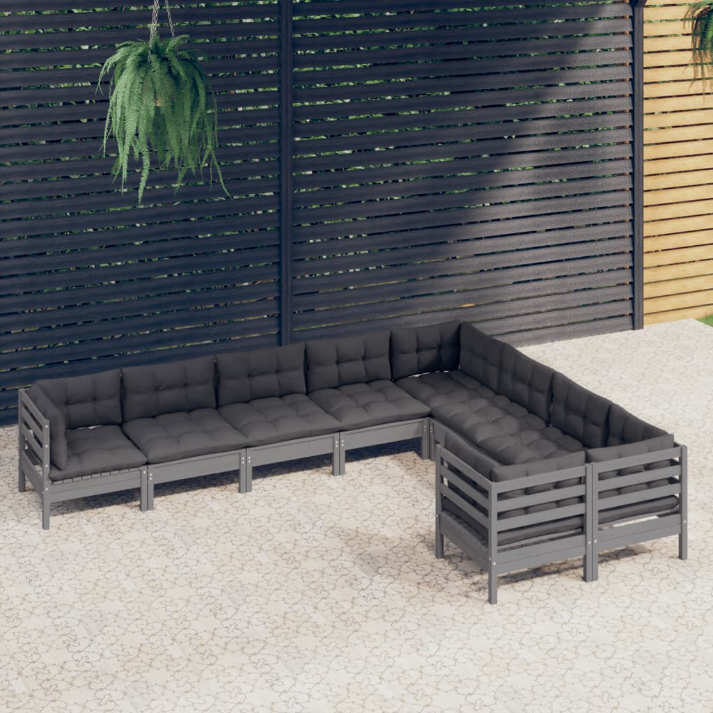 Vetonek Muebles de jardín 9 pzas y cojines gris madera de pino