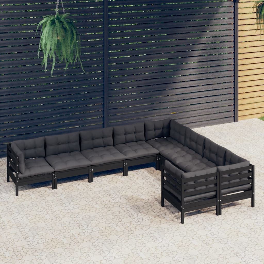 Vetonek Muebles de jardín 9 piezas y cojines negro madera de pino