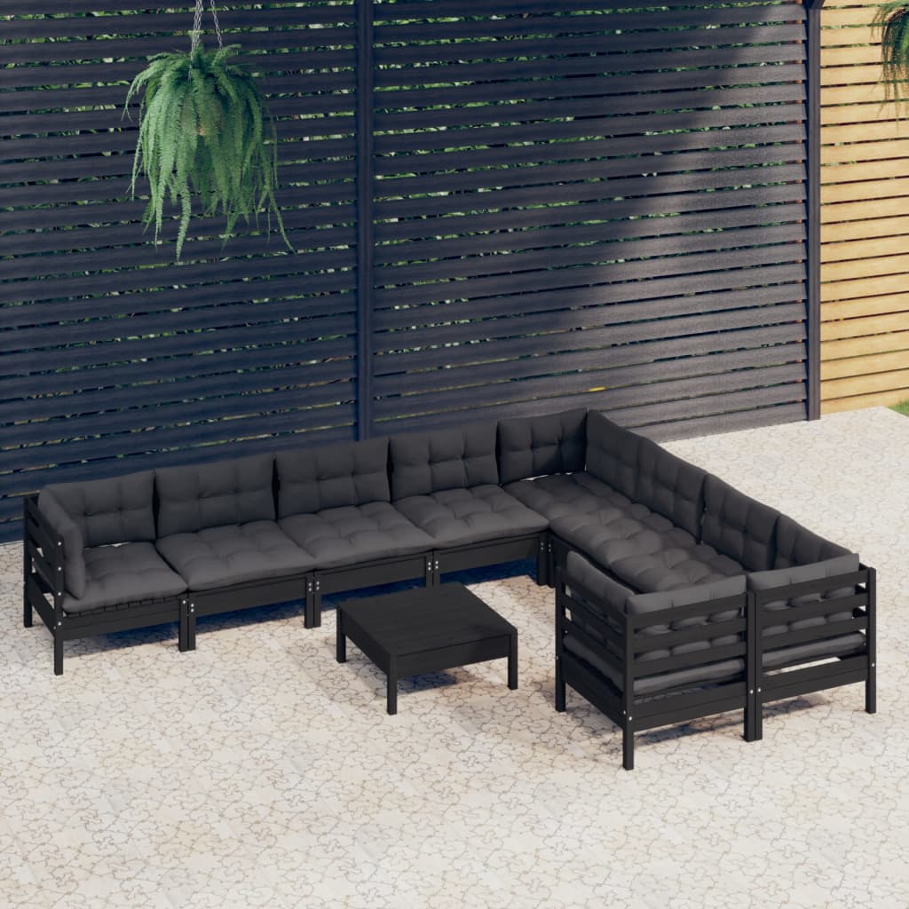 Vetonek Muebles de jardín 10 pzas con cojines negro madera de pino