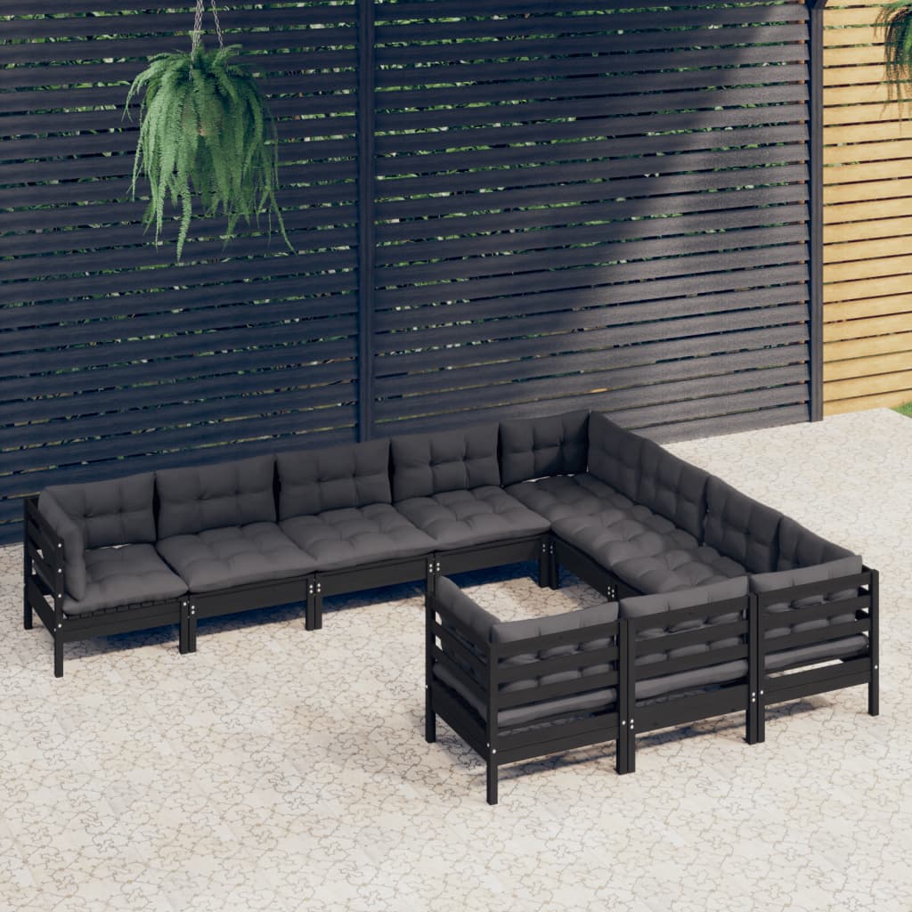 Vetonek Muebles de jardín 10 pzas con cojines negro madera de pino