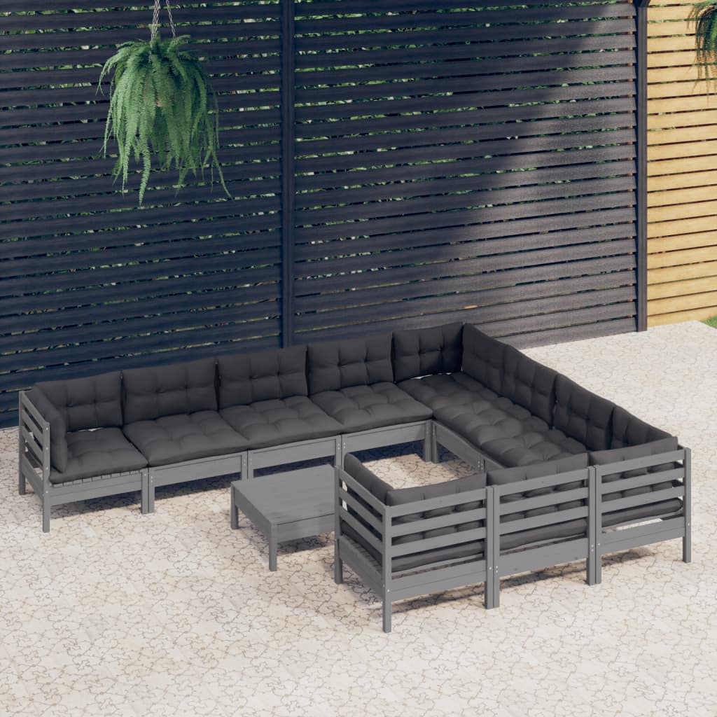 Vetonek Muebles de jardín 11 pzas y cojines gris madera de pino