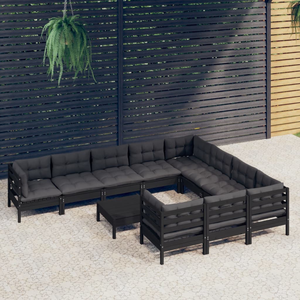 Vetonek Muebles de jardín 11 pzas y cojines negro madera de pino