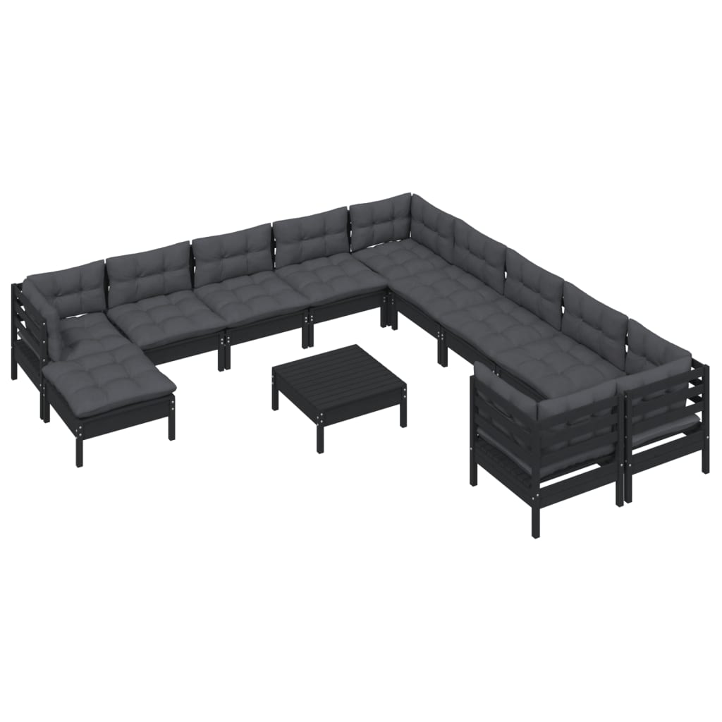 Meubles de jardin 12 pcs et coussins en pin noir