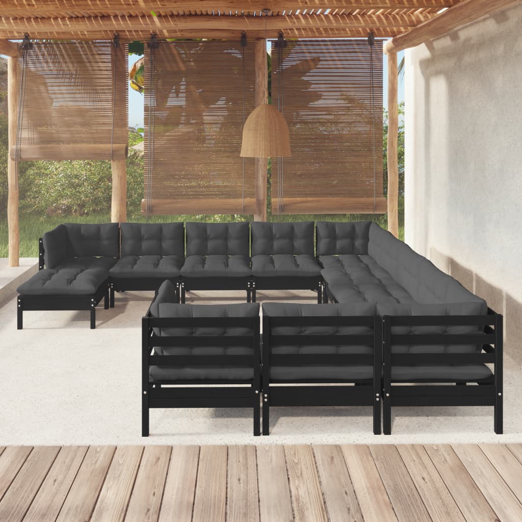 Vetonek Muebles de jardín 12 pzas con cojines negro madera de pino