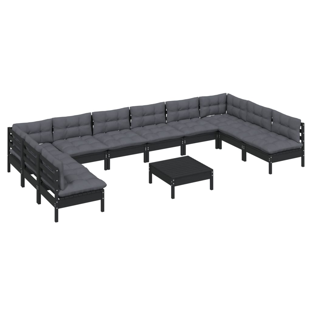 Garden furniture 11 pcs and cushions black solid wood of pine