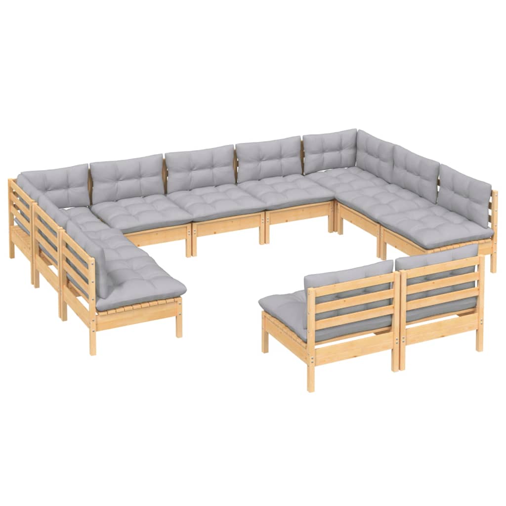 Garden furniture 11 pcs and gray -pine wood cushions