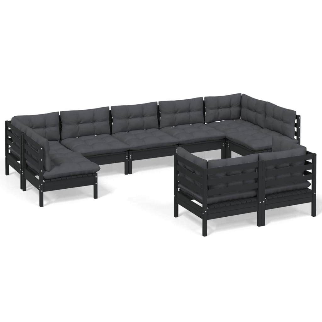 Muebles de jardín 9 pzas y cojines negro madera maciza de pino - Vetonek