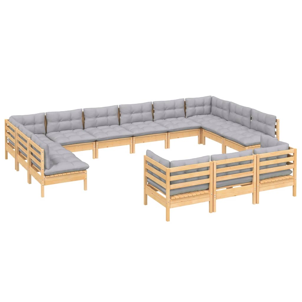 Juego de muebles de jardín 13 pzas y cojines madera pino gris