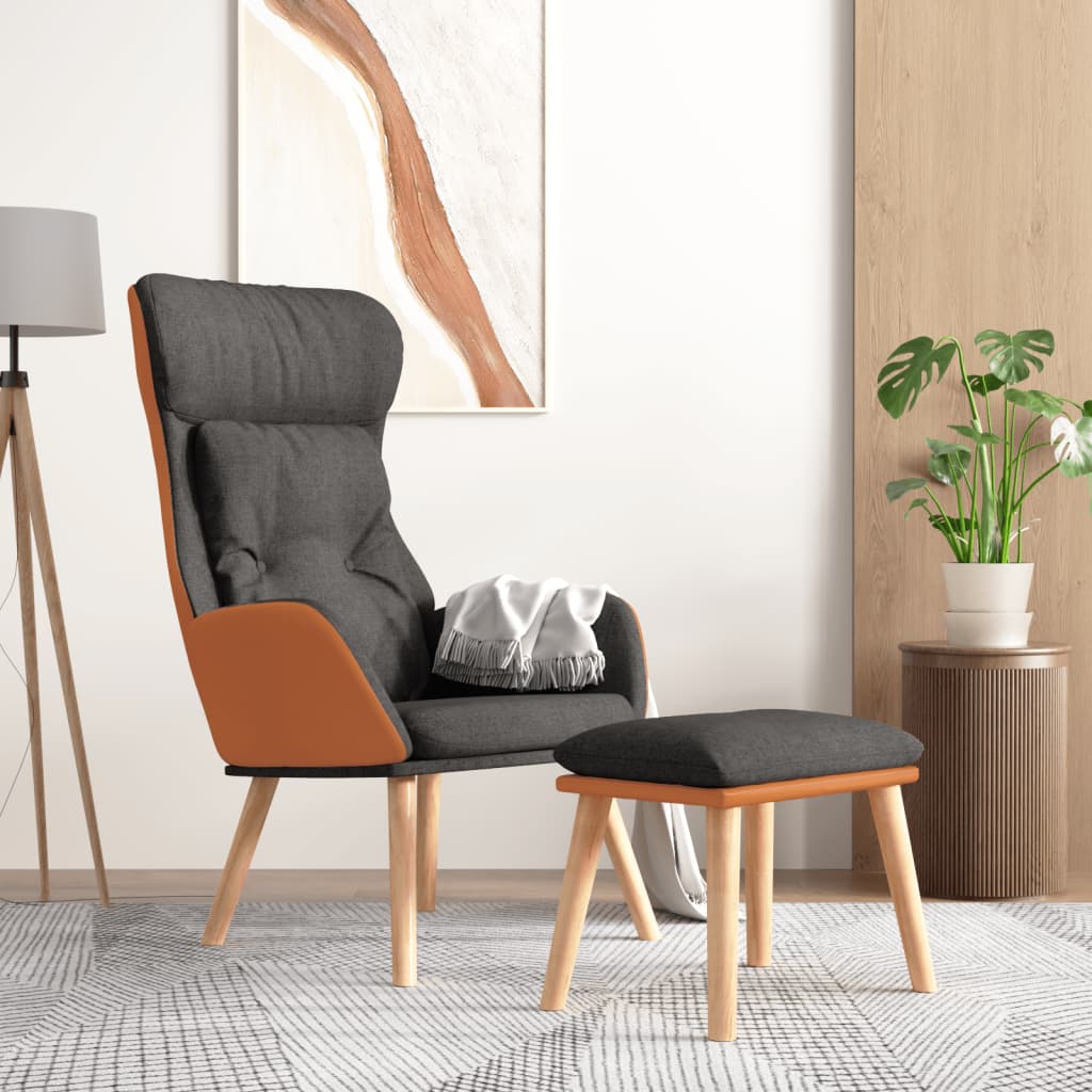 Vetonek Sillón de relax con taburete tela y cuero sintético gris oscuro