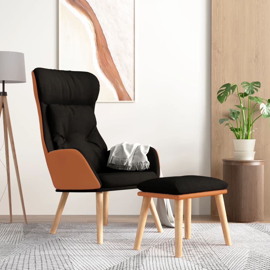 Vetonek Sillón de relax con taburete tela y cuero sintético negro