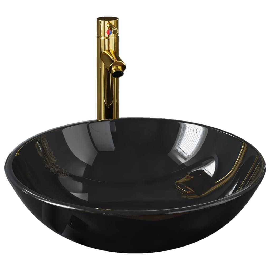 Lavabo de baño grifo y desagüe de empuje vidrio templado negro - Vetonek