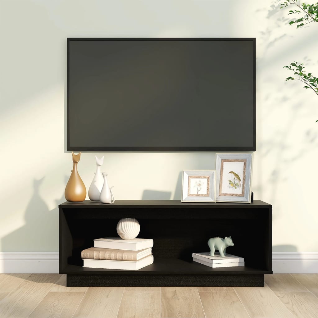 Vetonek Mueble de TV de madera maciza de pino negro 90x35x35 cm