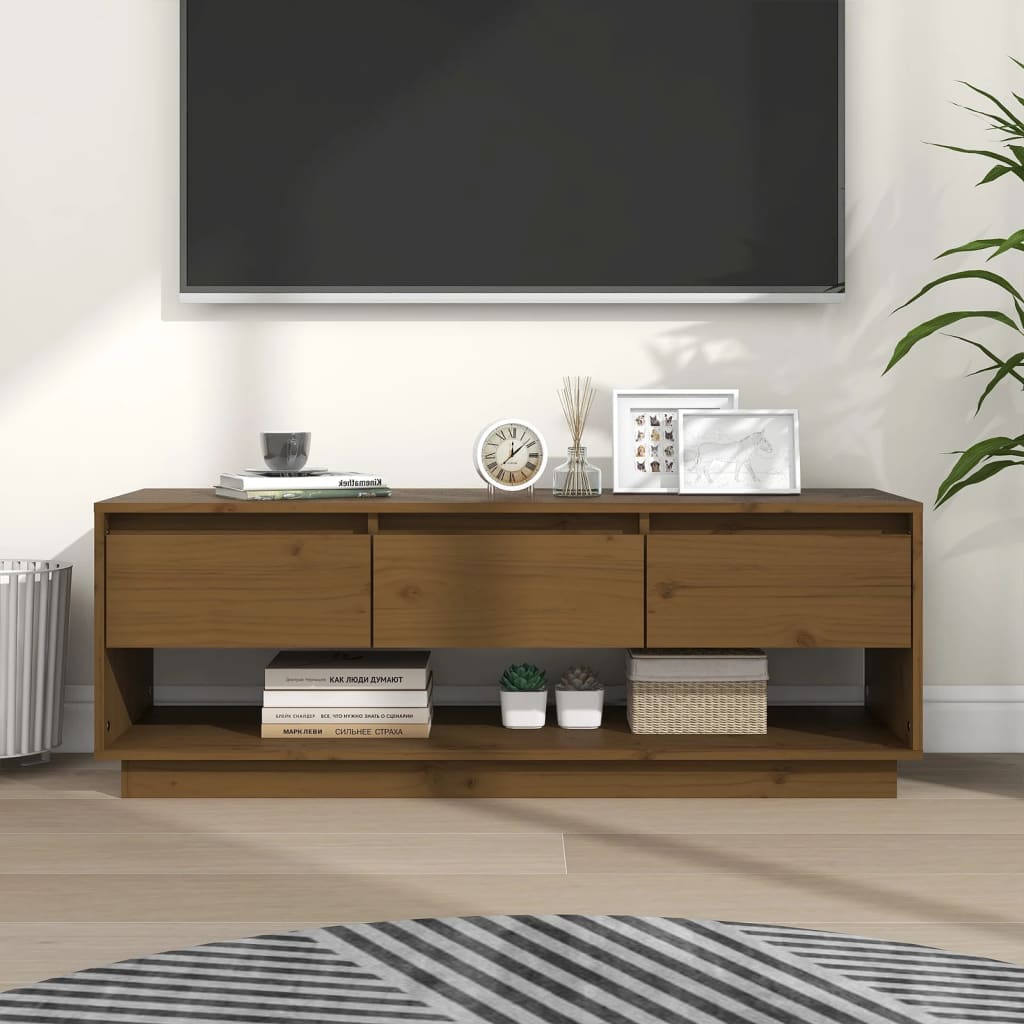 Vetonek Mueble de TV madera maciza de pino marrón miel 110,5x34x40 cm