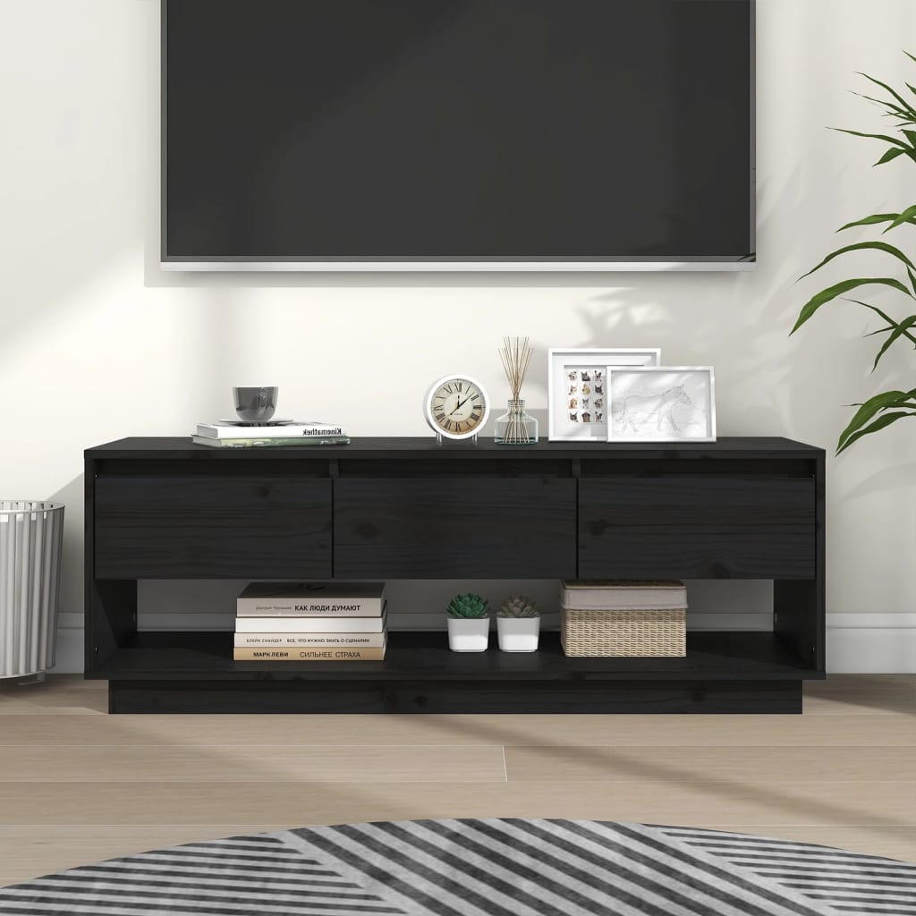 Vetonek Mueble de TV de madera maciza de pino negro 110,5x34x40 cm