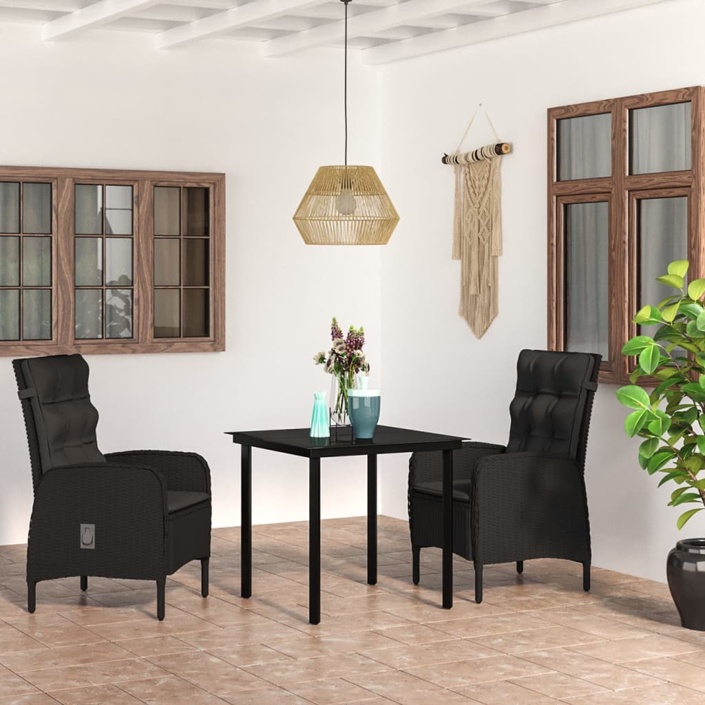 Vetonek Juego de comedor de jardín 3 piezas con cojines negro