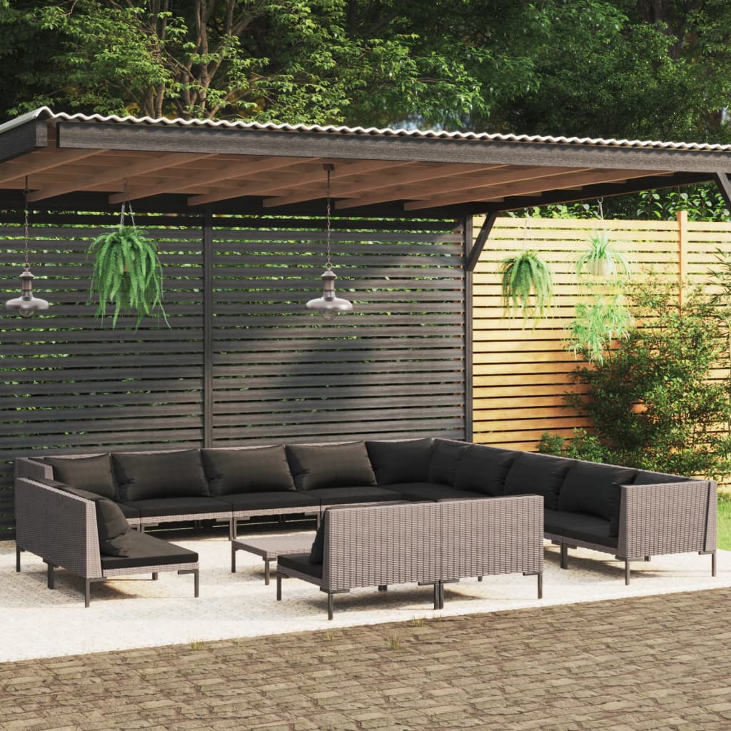 Vetonek Muebles de jardín 14 pzas y cojines ratán sintético gris oscuro