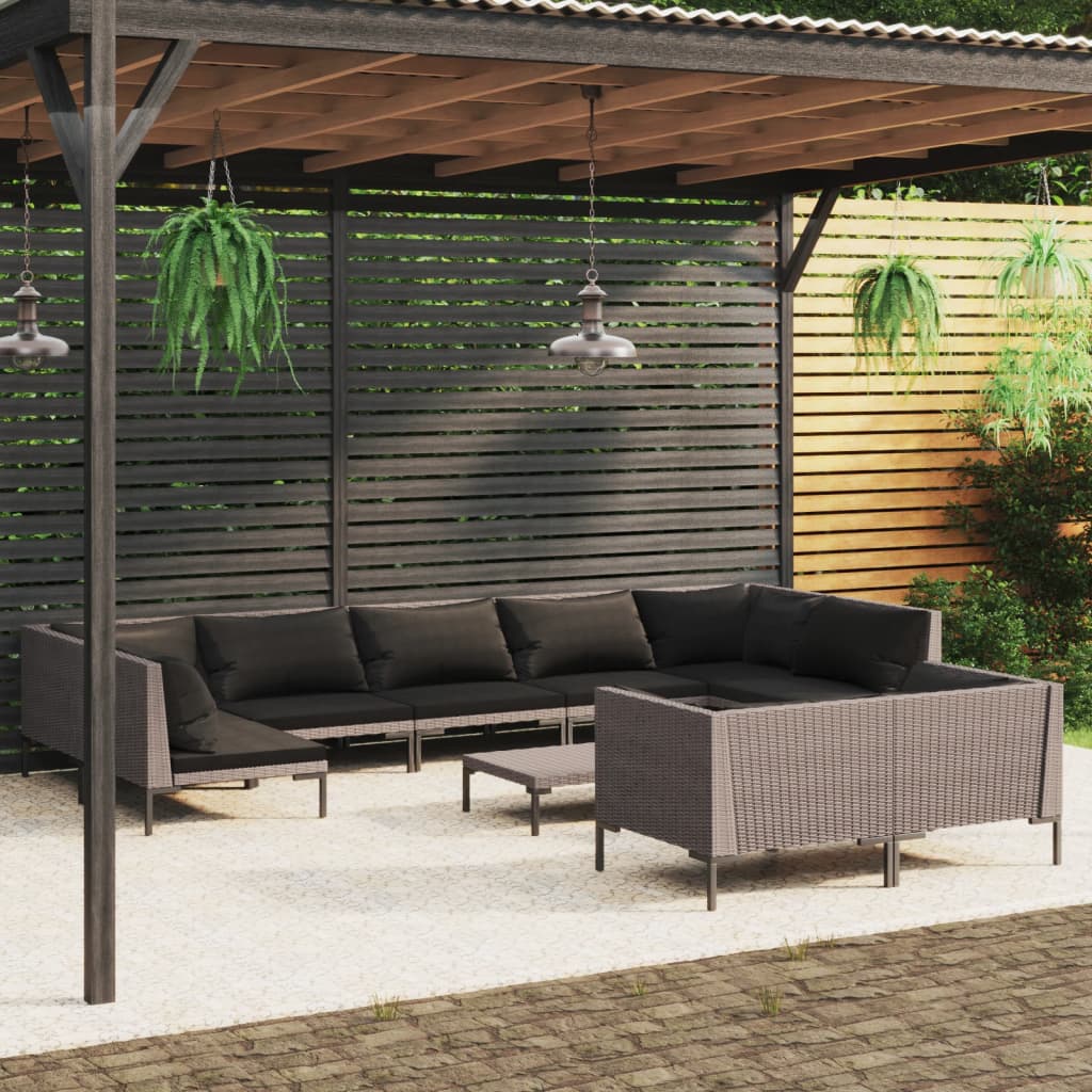 Vetonek Muebles de jardín 10 pzas y cojines ratán sintético gris oscuro