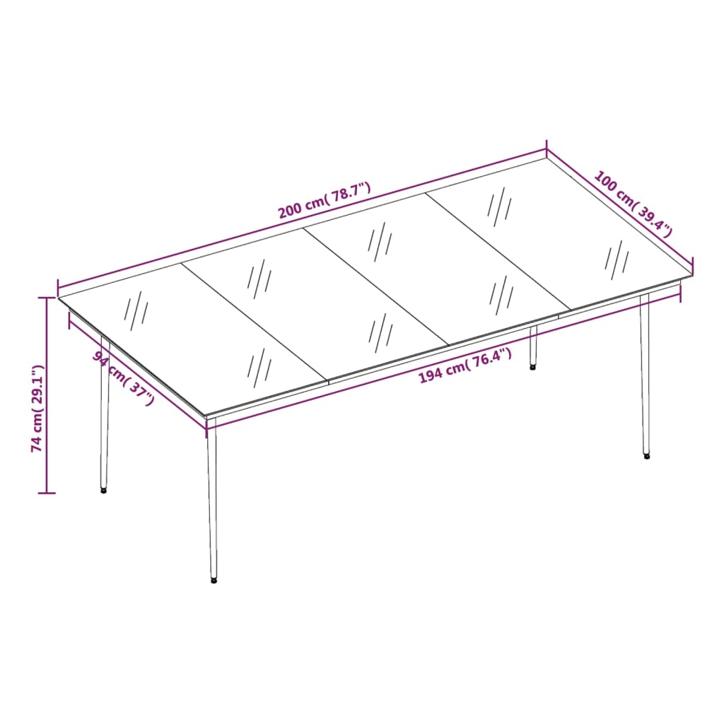 Black Garden and Glass Dining Table 200x100x74 cm