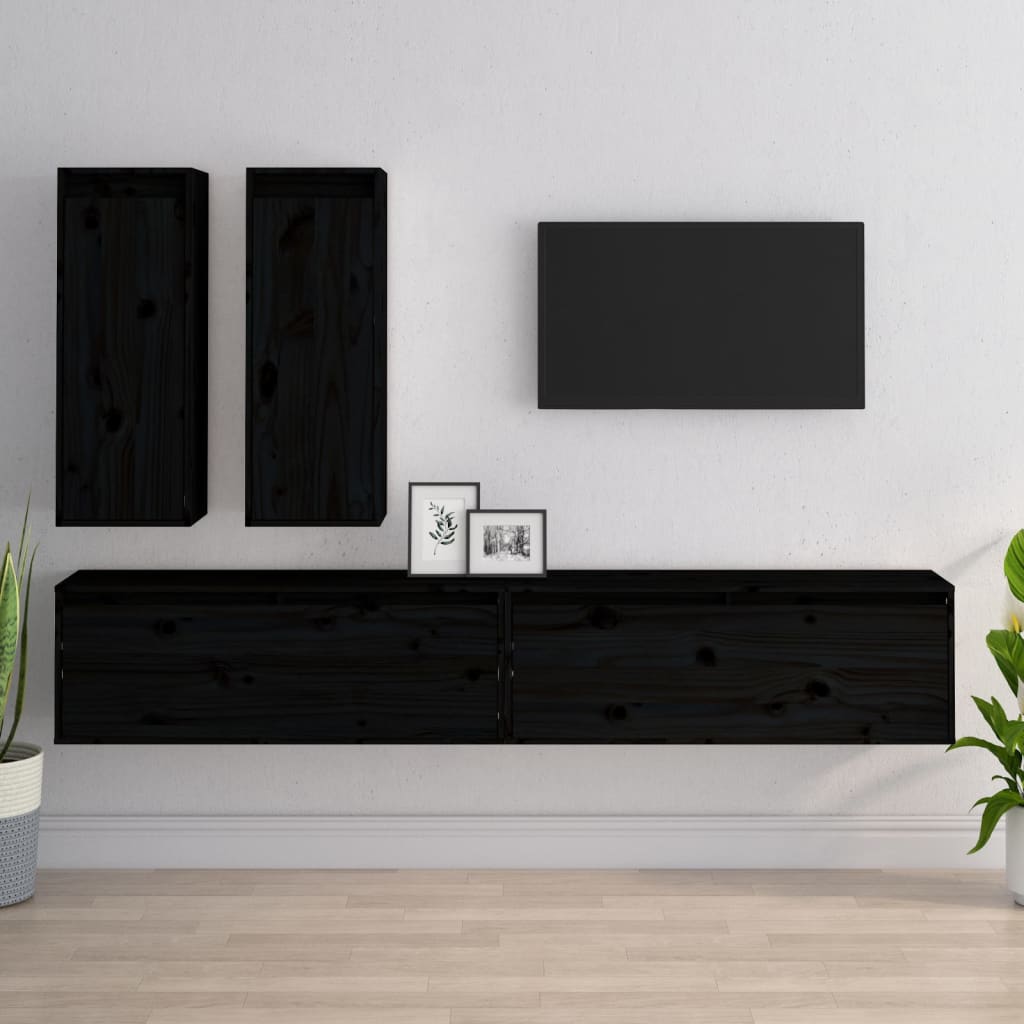 Vetonek Muebles para TV 4 piezas madera maciza de pino negro