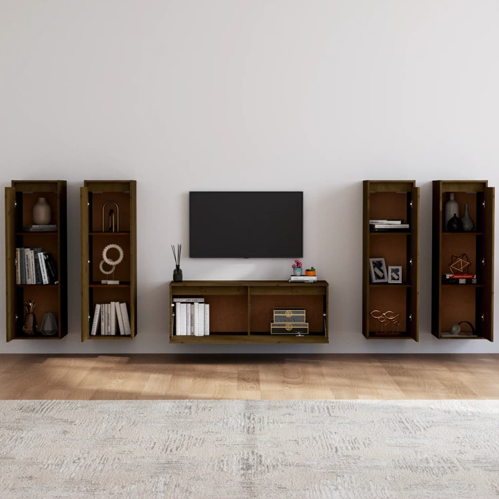 Mobili televisivi 5 pezzi legno massiccio di miele di pino marrone