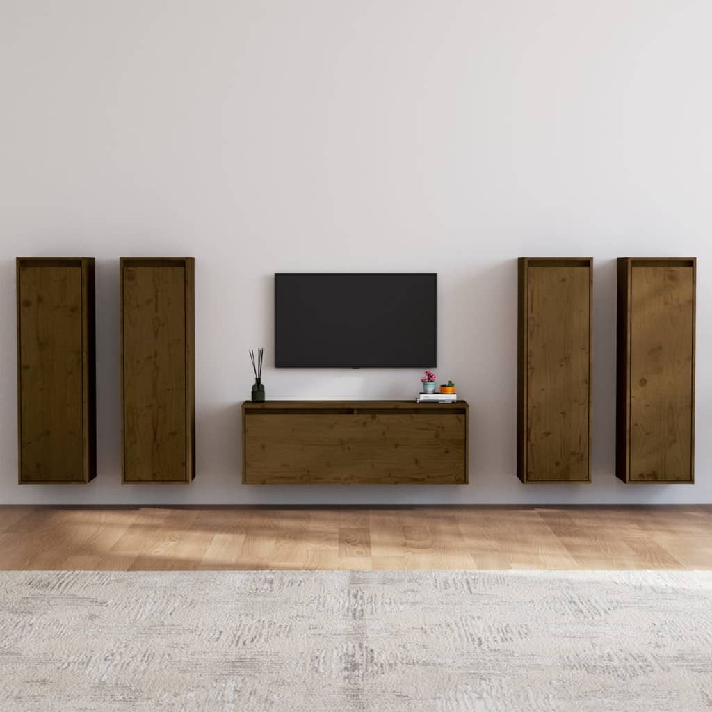 Vetonek Muebles para TV 5 piezas madera maciza de pino marrón miel